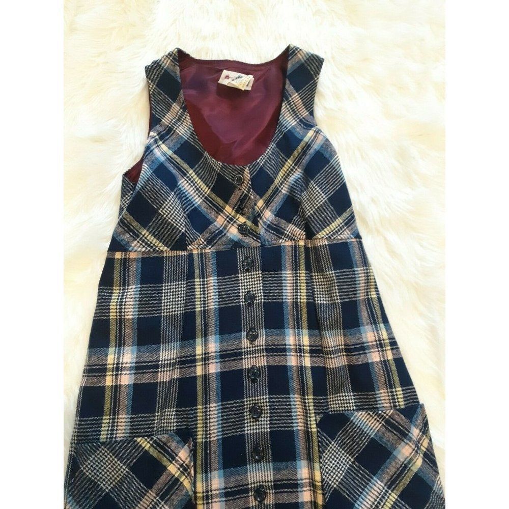 Vintage College Town Dress Plaid Long Buttons 2 Pockets Womens Size 7 / 8 Wool